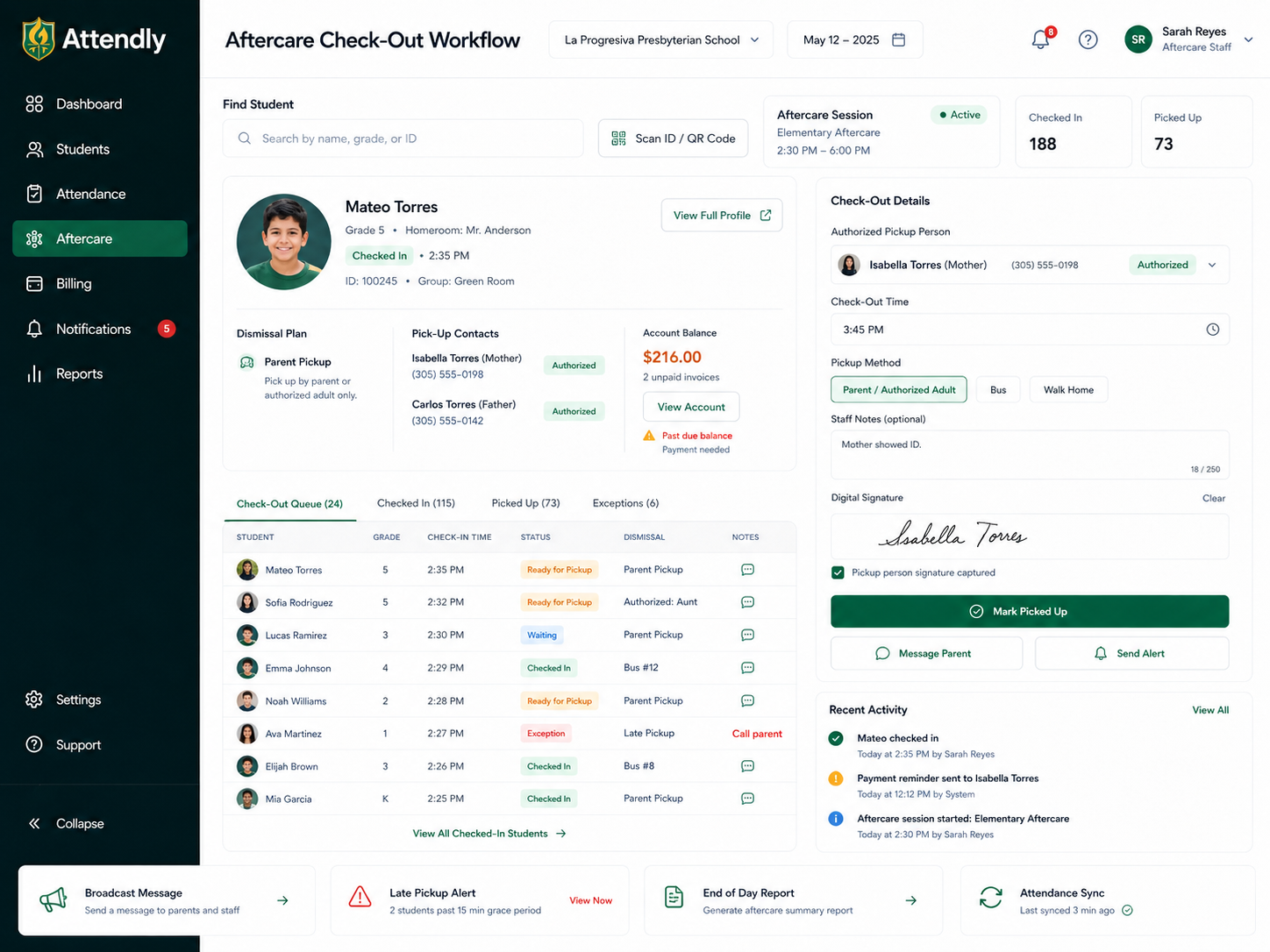 Attendly aftercare check-out workflow screenshot